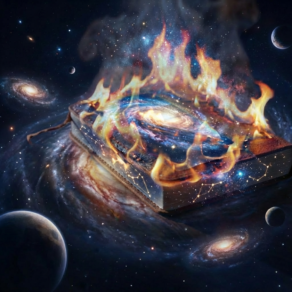 Visual metaphor for lost creative ideas Leather-bound journal and pencil engulfed in flames on a wooden table.